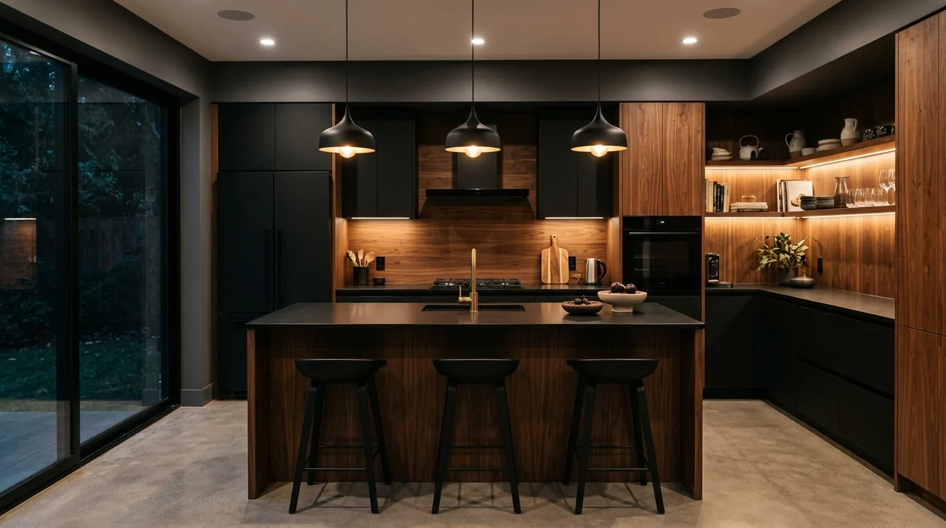 Use open shelving carefully with dark wood inspiration for a walnut kitchen.